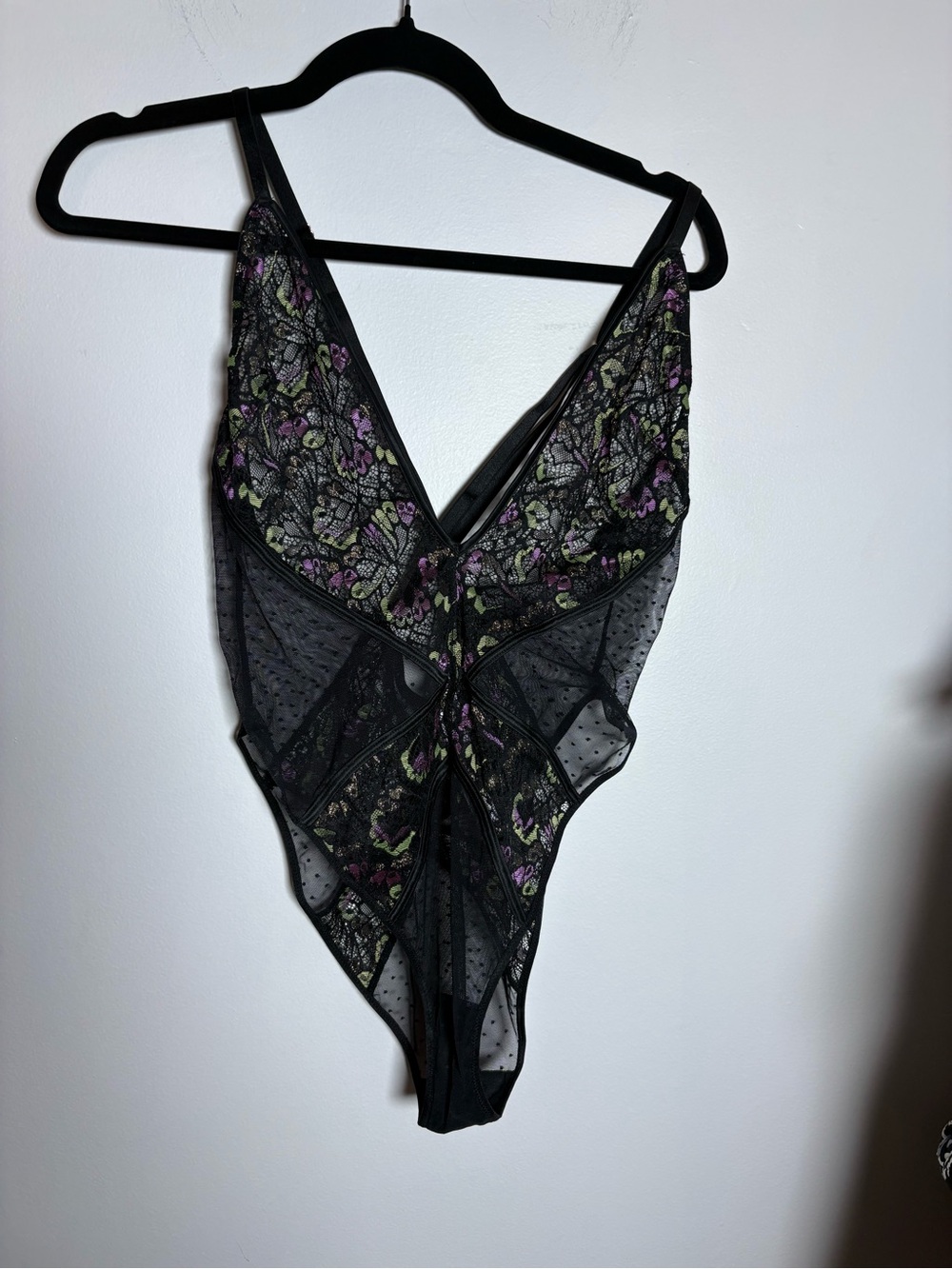 Savage X Fenty Black Lace Bodysuit with Purple & Green Floral Embroidery